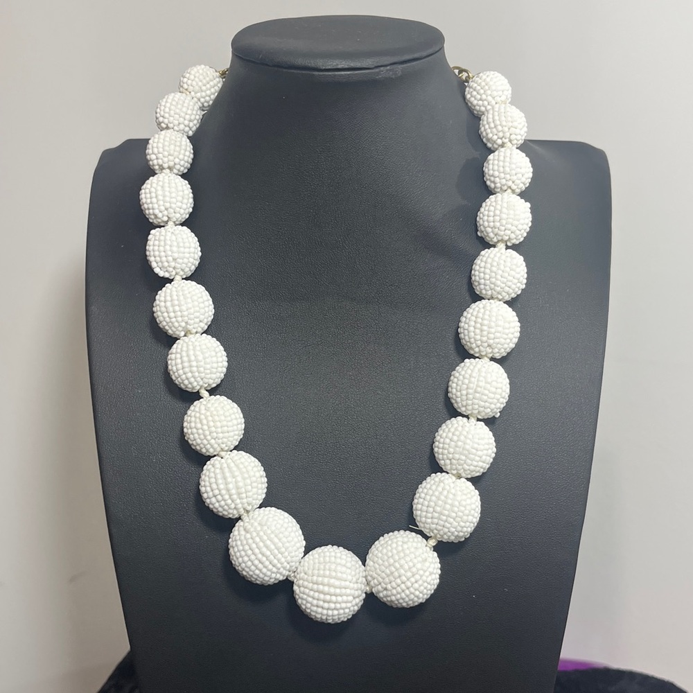 J. Crew White Seed Bead Orb Necklace Graduated Bubble Ball Gold Tone Statement